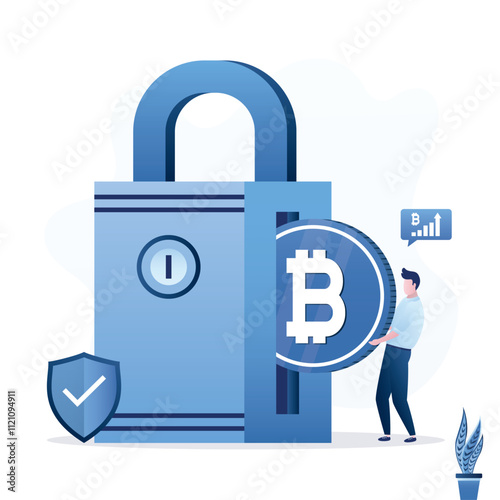 Alternative financial assets, crypto currency bitcoin for investment retirement plan concept. Savings in cryptocurrency. businessman investor putting bitcoin in security safe.