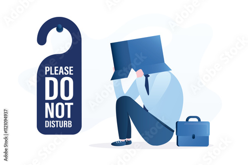 Depressed or tired businessman sitting and covered head with cardboard box, shameful cannot face investors or business people. Do not disturb sign. Business failure,