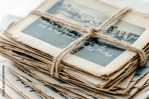 A stack of vintage black and white photographs bound with twine, evoking a sense of nostalgia and history.