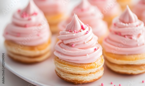 Pink cream pastries with layered flaky crusts, Generative AI