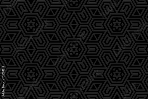 Black geometric background, tribal cover design, banner. Stylish 3D pattern, embossing. Textured small ornaments, arabesques, mandala of the East, Asia, India, Mexico, Aztec, Peru. Ethnic print.
