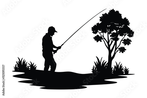 Silhouette of a person fishing by a lake