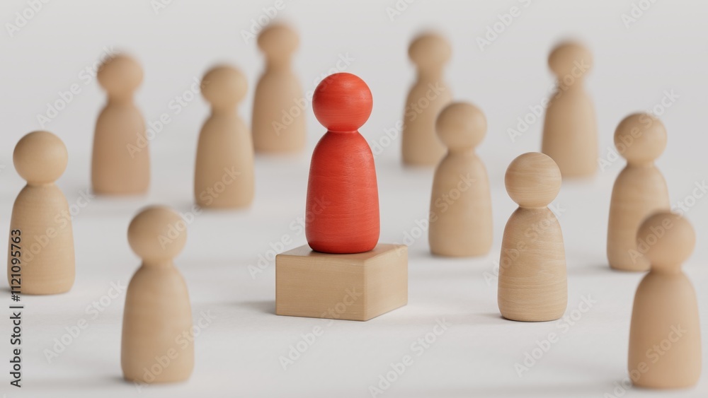 Wooden person model among people, Leadership concept.3D rendering on white background. Wooden person model among people, Leadership concept.3D rendering on white background.