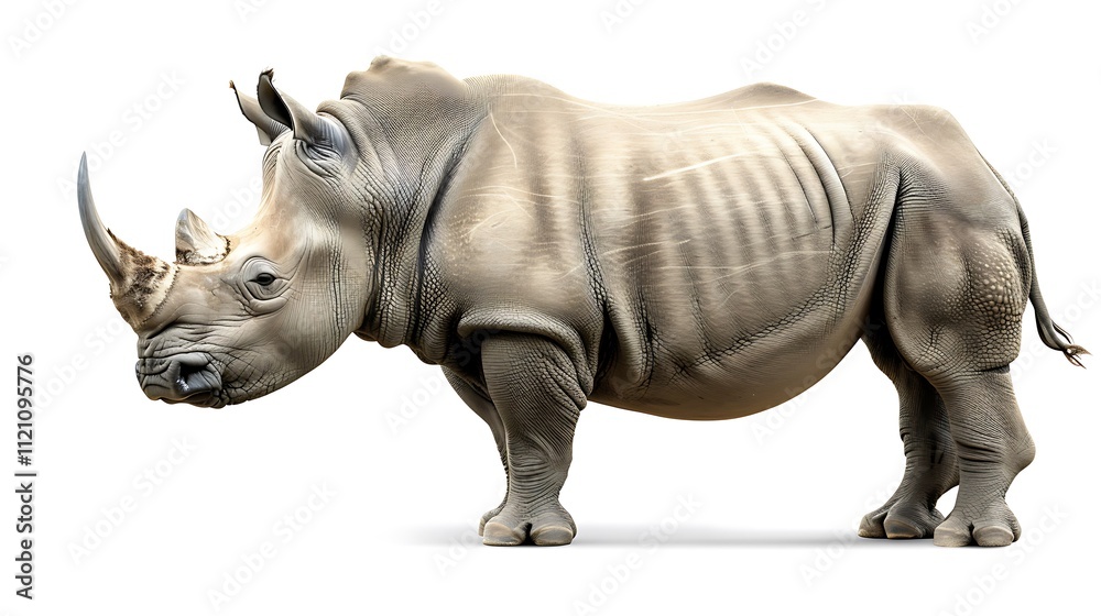 Fototapeta premium Strong rhinoceros with thick skin standing on white.