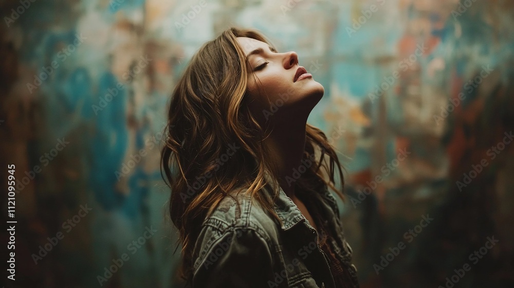 Obraz premium Serene woman with long brown hair, eyes closed, head tilted back against a blurred artistic background.