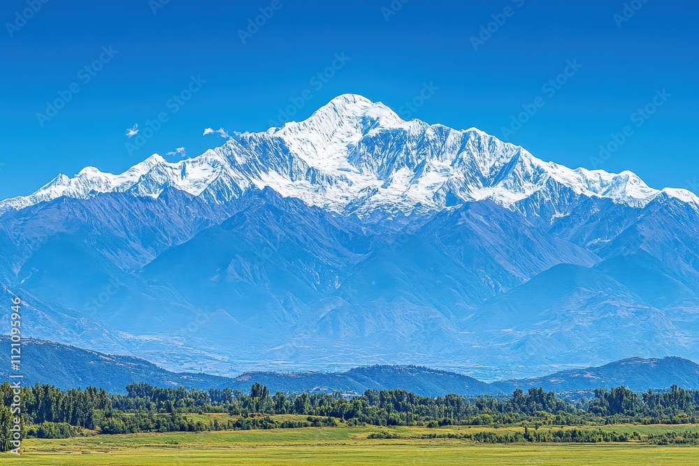 Majestic snow-capped mountain range under a vibrant blue sky, showcasing lush green valley below. Ideal for travel, nature, and adventure projects, evoking serenity and grandeur. Majestic snow-capped mountain range under a vibrant blue sky, showcasing lush green valley below. Ideal for travel, nature, and adventure projects, evoking serenity and grandeur.