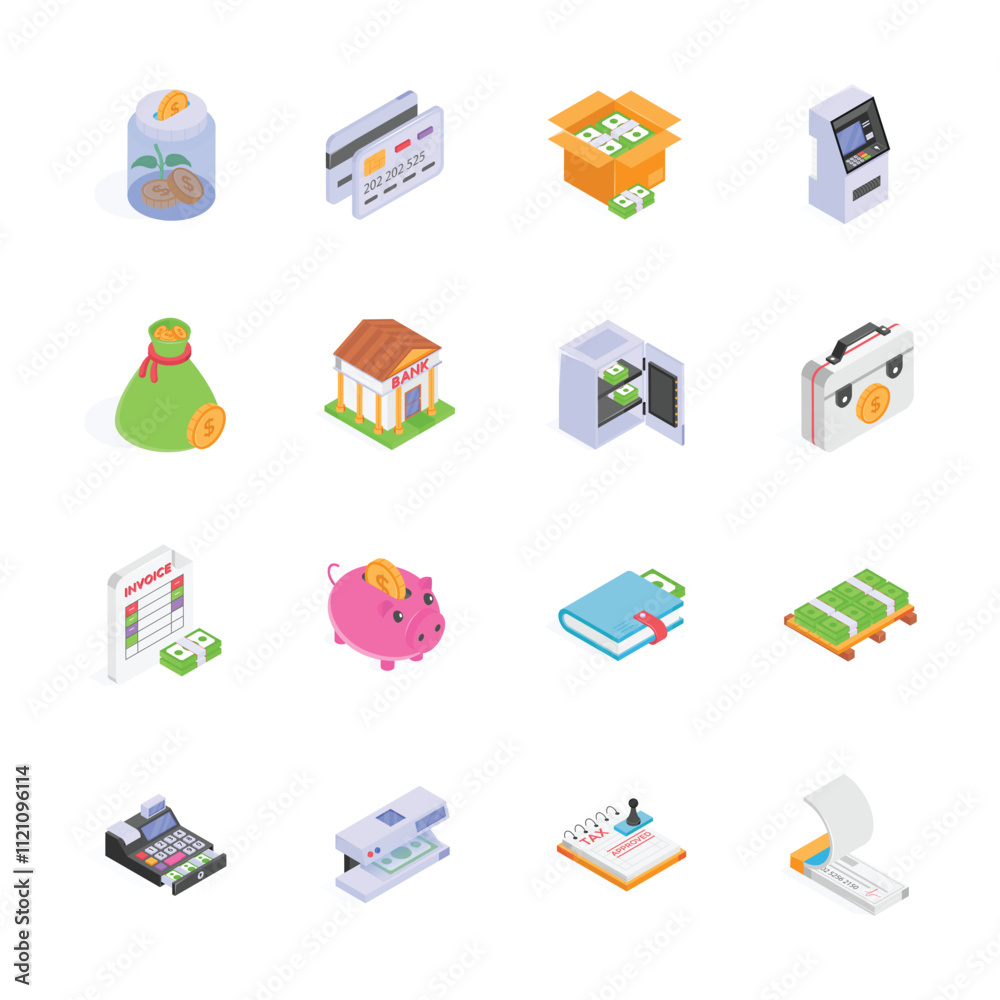 This set of isometric icons depicts various financial elements This set of isometric icons depicts various financial elements