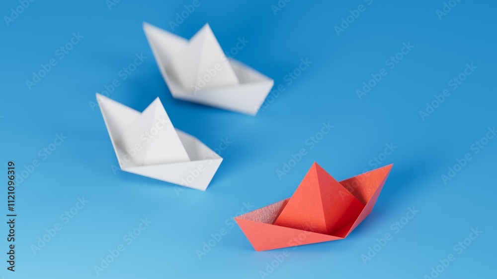 Different business concept.new ideas. paper art style. creative idea.leader boat concept, blue leader boat leading white boats.3D rendering on blue background. Different business concept.new ideas. paper art style. creative idea.leader boat concept, blue leader boat leading white boats.3D rendering on blue background.