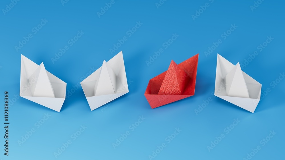 Different business concept.new ideas. paper art style. creative idea.fleet of origami paper boats. Teamwork concept.3D rendering on blue background. Different business concept.new ideas. paper art style. creative idea.fleet of origami paper boats. Teamwork concept.3D rendering on blue background.