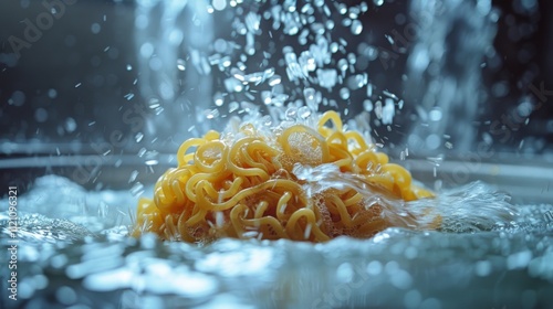 The yellow noodles wriggle beautifully in the clear water. photo