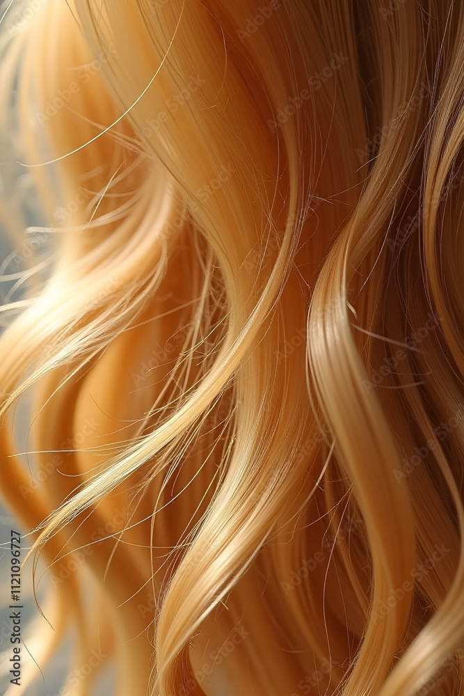 Close up of flowing golden hair with smooth, wavy textures, showing rich shine and silky strands in natural light Close up of flowing golden hair with smooth, wavy textures, showing rich shine and silky strands in natural light
