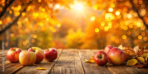 Rustic wooden table setting with ripe autumn apples and fallen leaves against a blurred bokeh background of golden foliage.