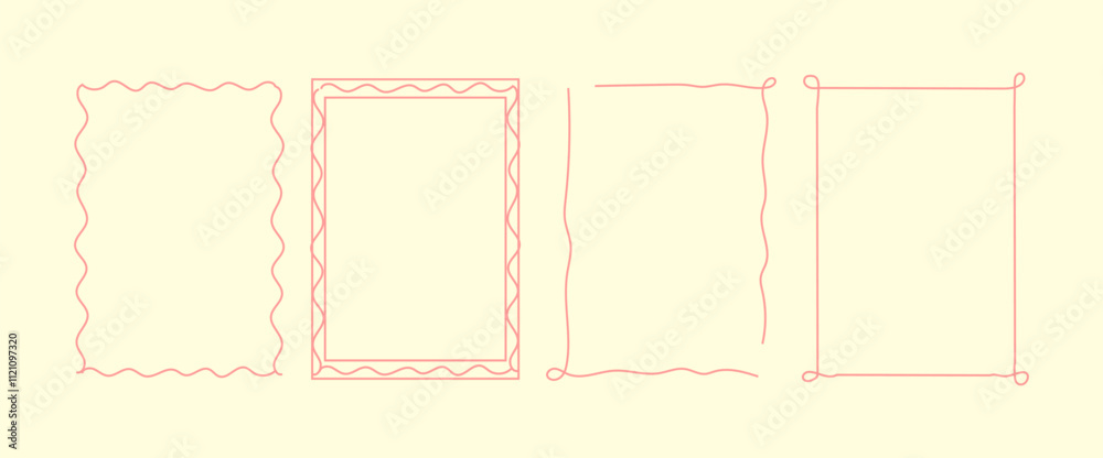 Set doodle scallop hand drawn frames with wavy lines and bow.. Minimalist simple line art. Trendy retro vintage whimsical borders for wedding invitations, birthday card, prints. Vector illustration.