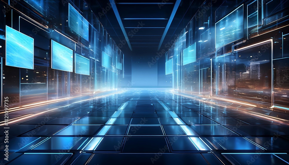Futuristic digital space with glowing screens. Futuristic digital space with glowing screens.