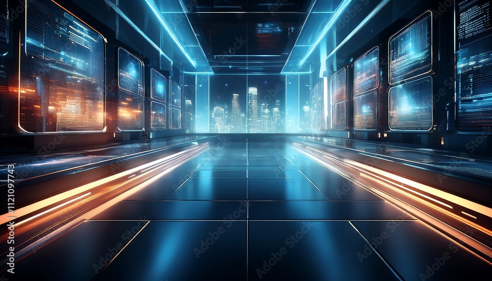 Futuristic cityscape with neon lighting effects.