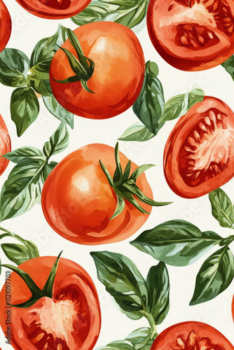 Fresh tomatoes with basil leaves create vibrant pattern