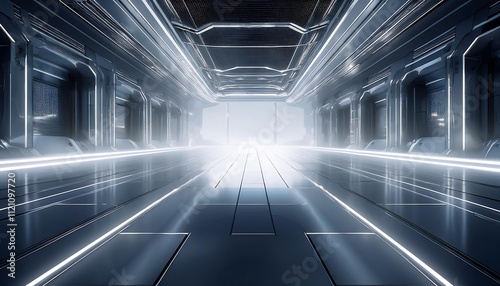 Futuristic corridor with glowing lights and reflections.