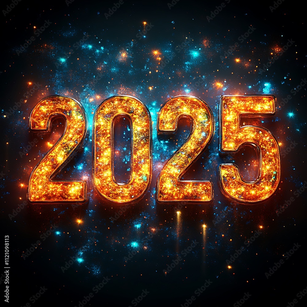 Numbers Happy New Year 2025 with Lights and Stars.

