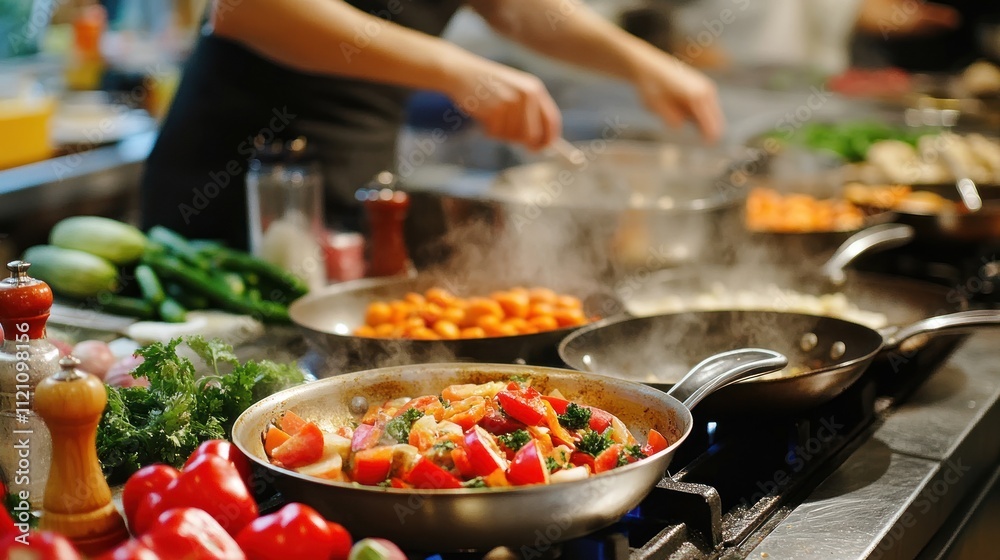 A vibrant kitchen scene with various dishes being prepared and cooked. A vibrant kitchen scene with various dishes being prepared and cooked.