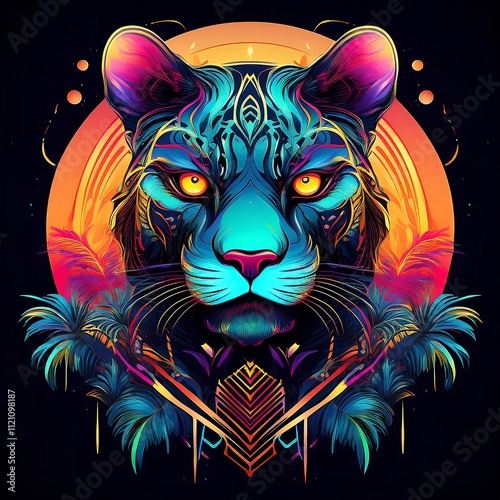 Vibrant tiger illustration with tropical elements. photo