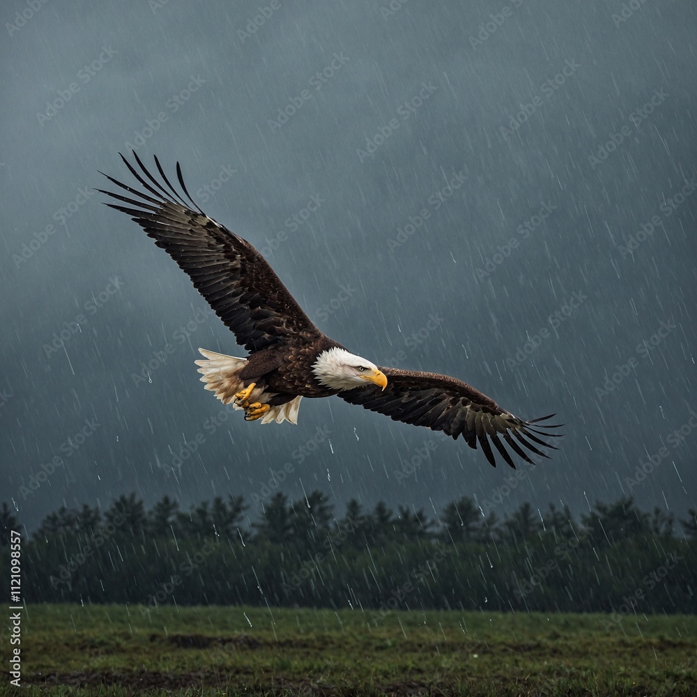 An eagle flying through a storm, battling the wind and rain.