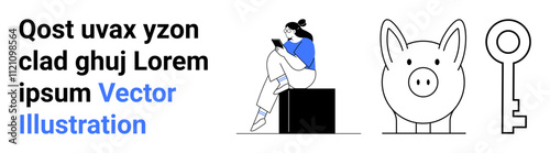 Woman reading on digital device, piggy bank, key symbolizes financial planning, savings, security, future preparation, money management, investment. Ideal for finance banking security personal