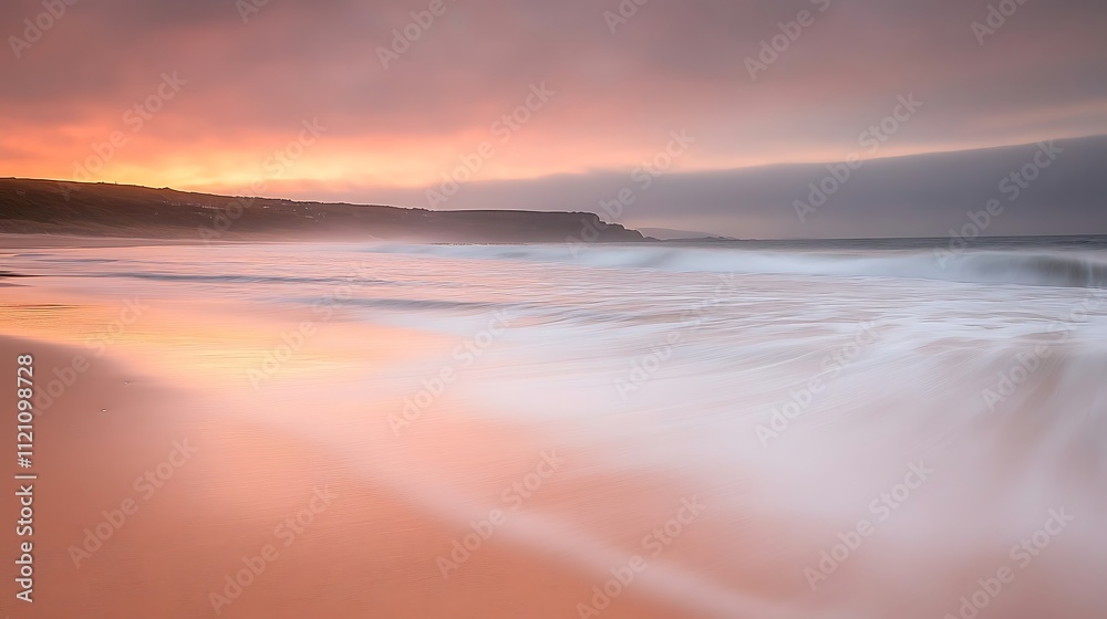Obraz premium A tranquil beach at sunset with soft waves lapping the shore and the sky painted in shades of pink and orange 