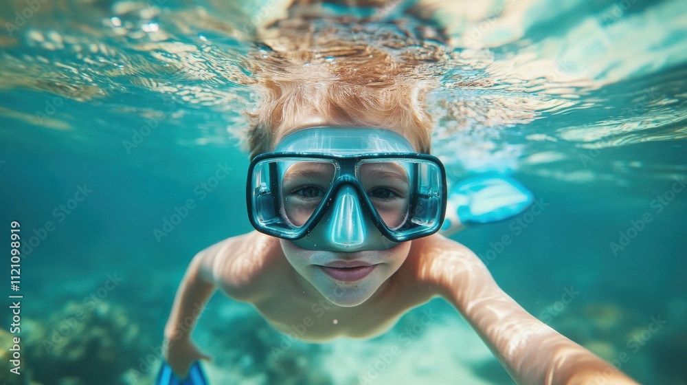 Naklejka premium Underwater Child Snorkeling Ocean Fun Summer Adventure Mask Fins