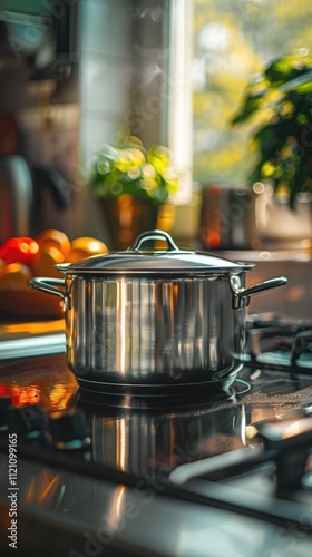 Stainless steel pot or saucepan on an illuminated gas or electric stovetop with a variety of fresh vegetables like tomatoes peppers and onions in a rustic