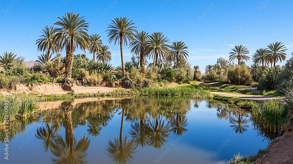 A tranquil desert oasis with palm trees, a small pond, and a clear blue sky A tranquil desert oasis with palm trees, a small pond, and a clear blue sky