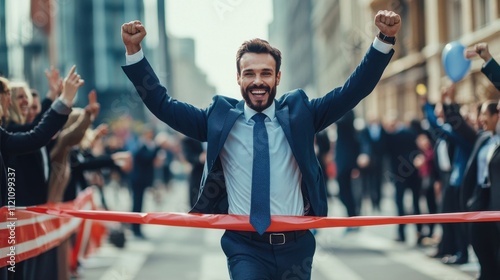 Businessman Winning Race, Triumphant Finish Line Success Celebration