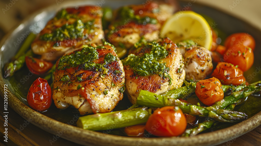 Crispy Chicken Thighs Served with Seasonal Vegetable Medley and Drizzled with Lemon Herb Sauce on a Rustic Platter Crispy Chicken Thighs Served with Seasonal Vegetable Medley and Drizzled with Lemon Herb Sauce on a Rustic Platter