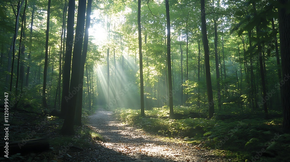 Obraz premium A tranquil forest trail with tall trees on either side and sunlight streaming through the canopy