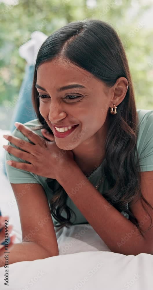 Phone, happy woman and waving on video call in bedroom for communication, virtual chat or travel influencer online. Indian girl, mobile and live streaming on social media, greeting or hello in home
