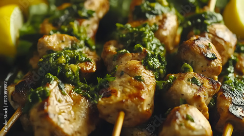 A Captivating Close-Up of Grilled Chicken Skewers Drenched in Fresh Chimichurri Sauce
