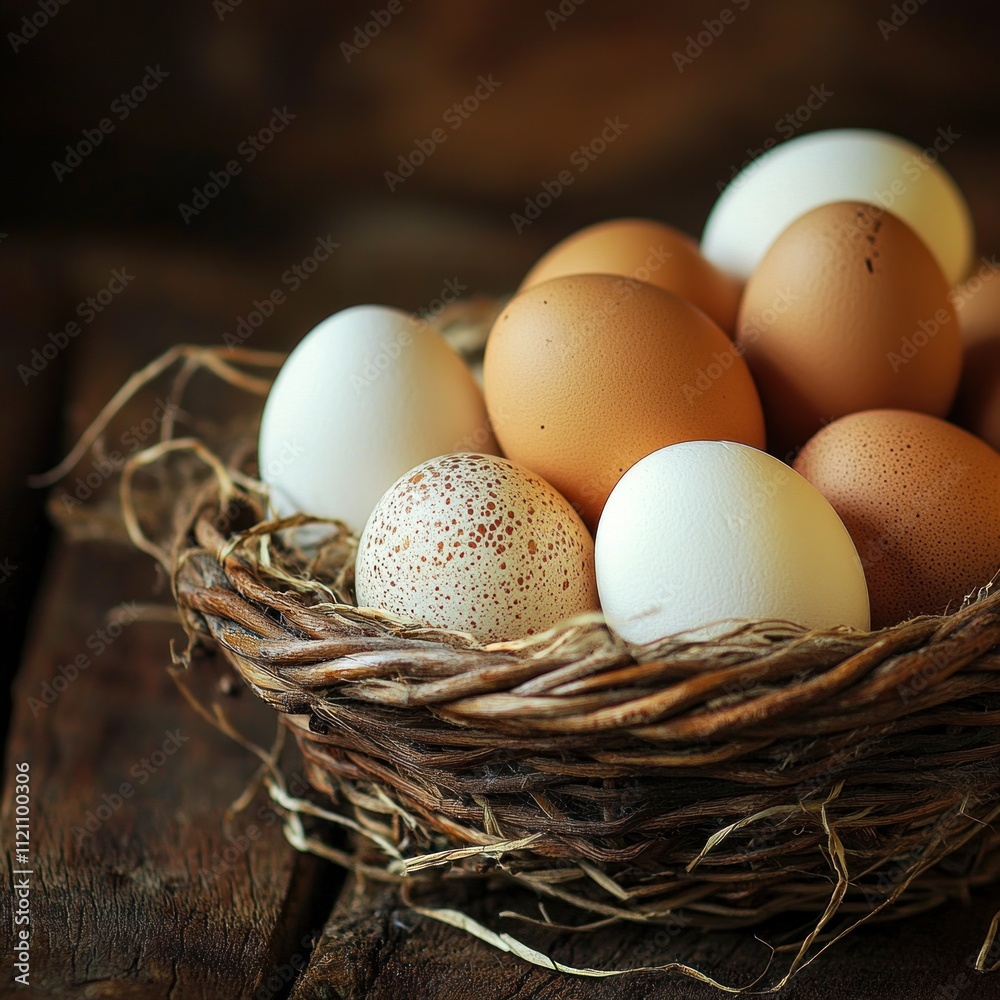 Brown and white eggs in a wicker nest on a wooden surface. Brown and white eggs in a wicker nest on a wooden surface.