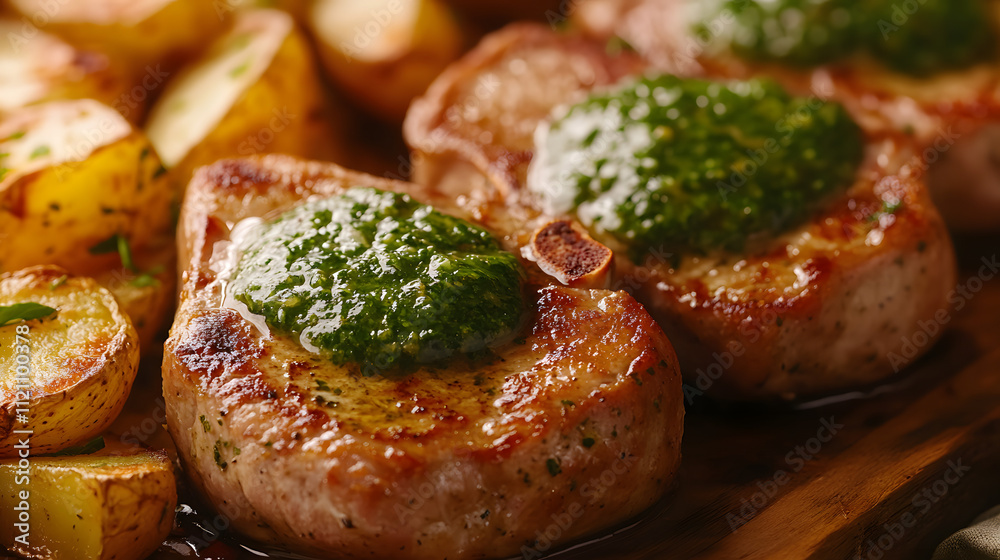 Inviting Scene of Succulent Pork Chops and Crisp Roasted Potatoes with Mint Sauce on a Rustic Dining Table Inviting Scene of Succulent Pork Chops and Crisp Roasted Potatoes with Mint Sauce on a Rustic Dining Table