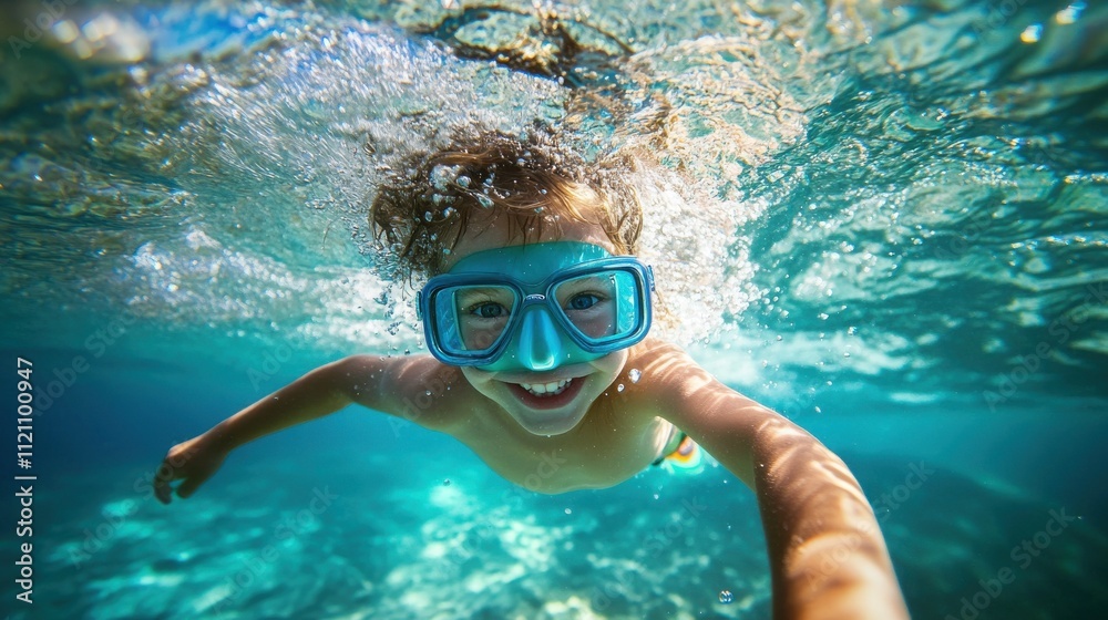 Naklejka premium Happy Child Underwater Snorkeling Summer Ocean Fun Adventure