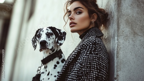 Elegant Woman, Dalmatian Dog, Urban Setting, Fashionable Coat, Chic Style, Outdoor Portrait, Monochr
