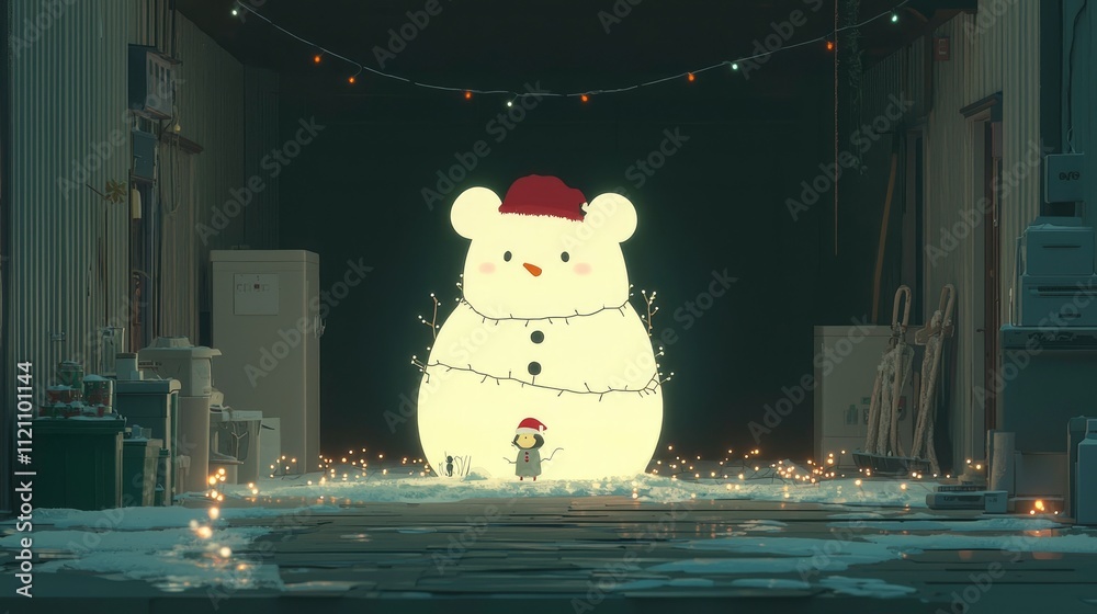 Εκτύπωση καμβά Enchanting Christmas Eve Giant Snowman in a Winter Alleyway