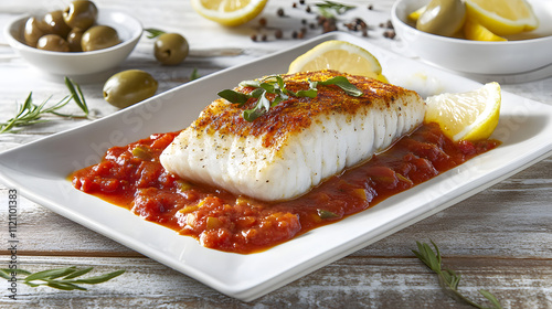 An Exquisite Culinary Delight Featuring Pan-Seared Cod Fillet Showcased with Vibrant Chraimeh Sauce and Cozy Rustic Accents photo