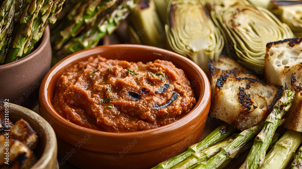Inviting Romesco Sauce with Grilled Vegetables and Fluffy Bread in a Warm Mediterranean Environment Inviting Romesco Sauce with Grilled Vegetables and Fluffy Bread in a Warm Mediterranean Environment
