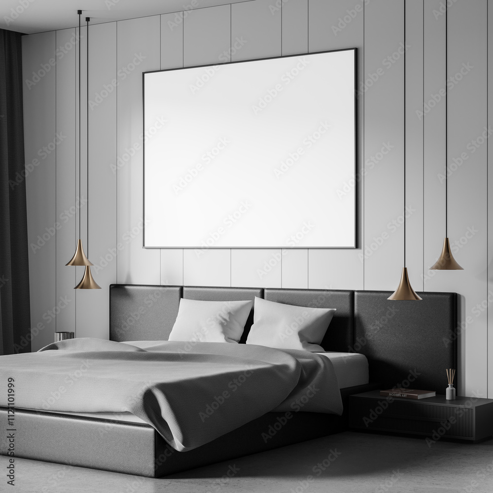 Modern bedroom interior with gray bed and blank frame on white wall. 3D Rendering Modern bedroom interior with gray bed and blank frame on white wall. 3D Rendering