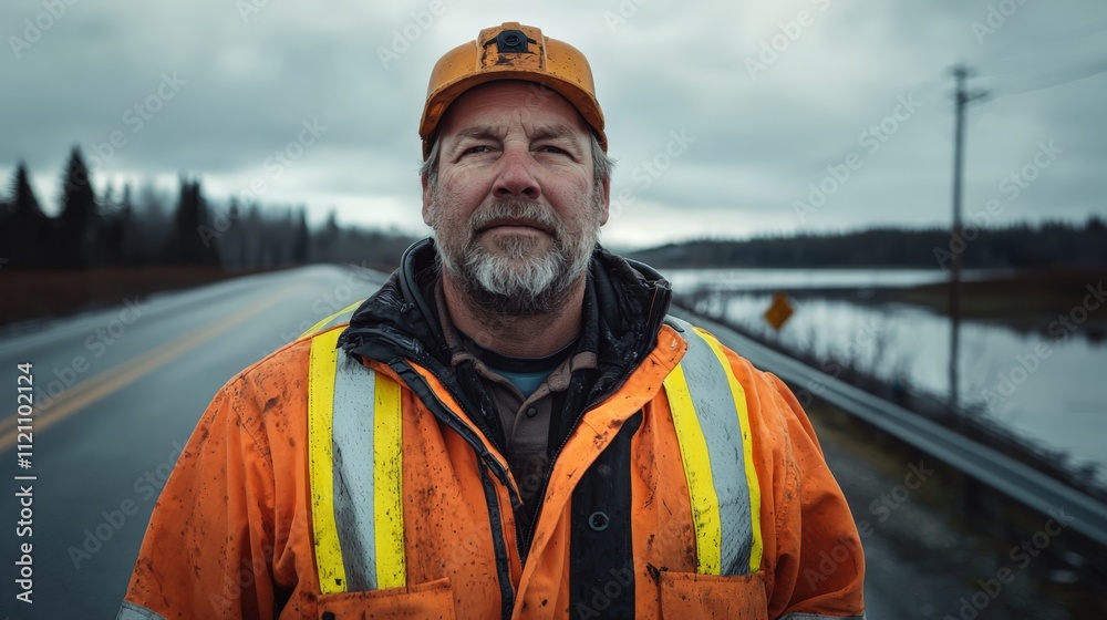 a middle-aged construction worker wearing an orange safety jacket standing on a road a middle-aged construction worker wearing an orange safety jacket standing on a road