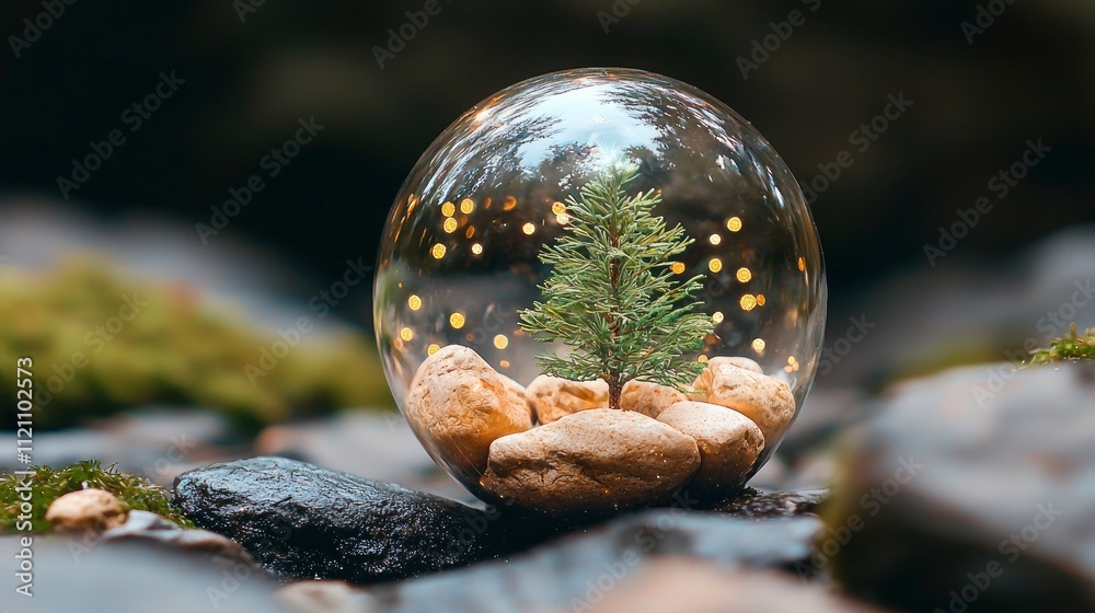Miniature Evergreen Tree in Glass Globe on Mossy Rocks Miniature Evergreen Tree in Glass Globe on Mossy Rocks
