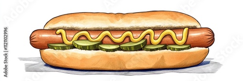 A hot dog with mustard and pickles in a bun, ready to eat.