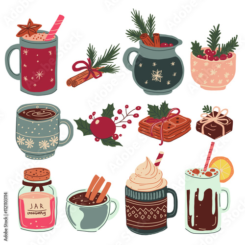 Hand drawn vector set of festive winter drinks. Mulled wine, hot chocolate, coffee, cranberries jar, candies.