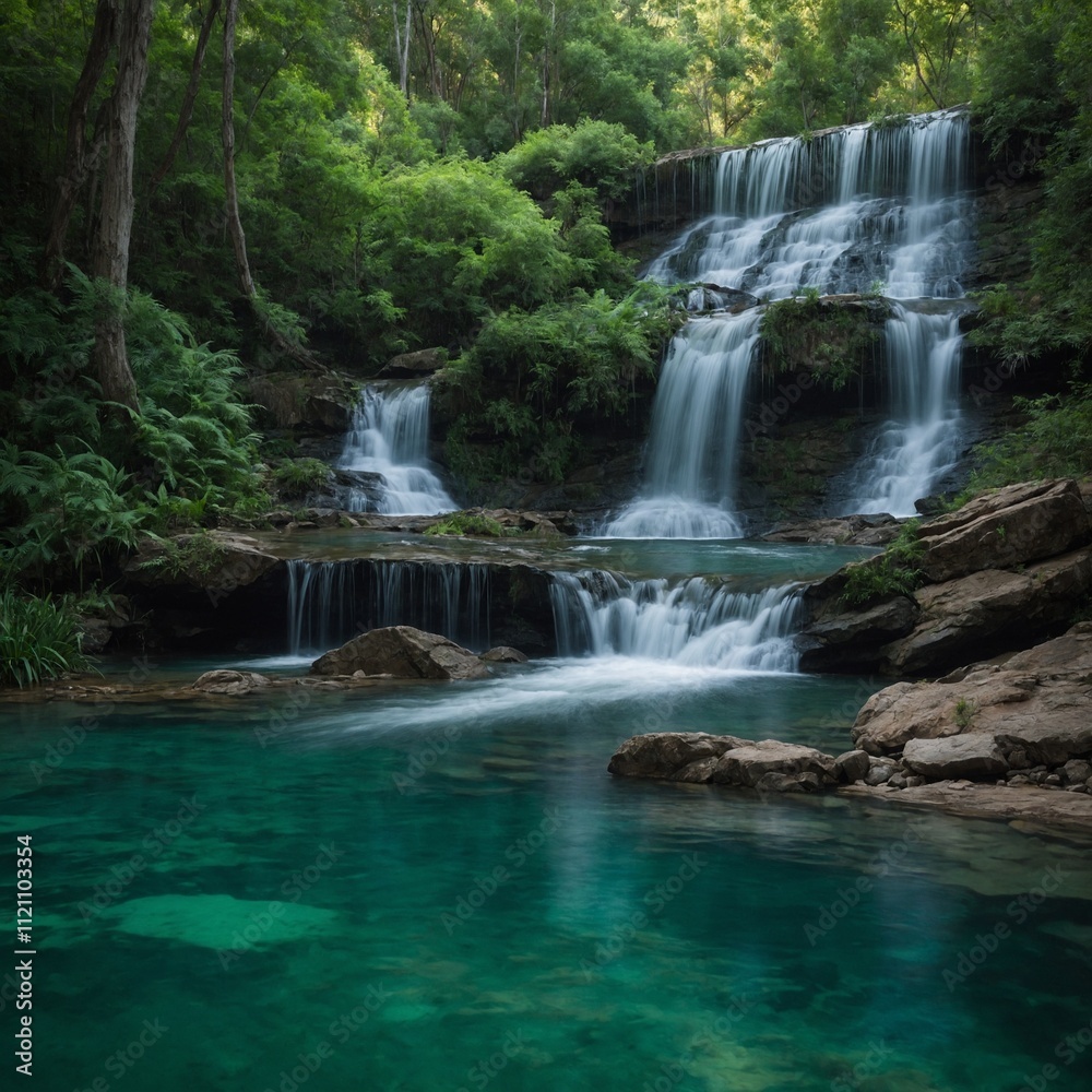 A soft waterfall flowing into a peaceful, emerald-green pool.
A soft waterfall flowing into a peaceful, emerald-green pool.