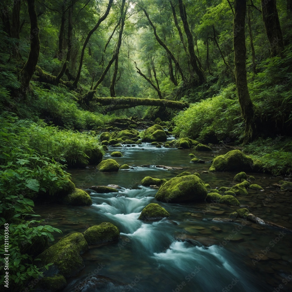 Fototapeta premium A lush, green river running through an ancient forest.