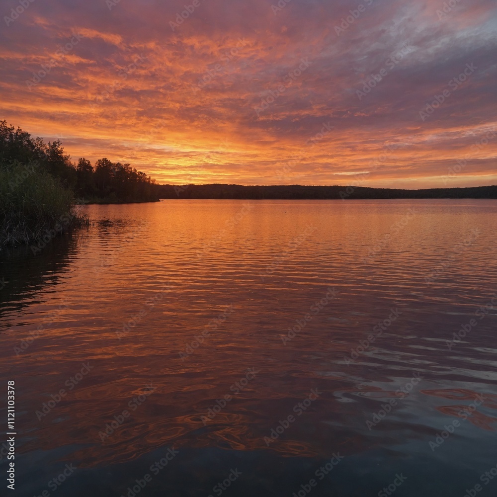 A glassy lake at sunset, with vibrant orange and pink skies.
A glassy lake at sunset, with vibrant orange and pink skies.
